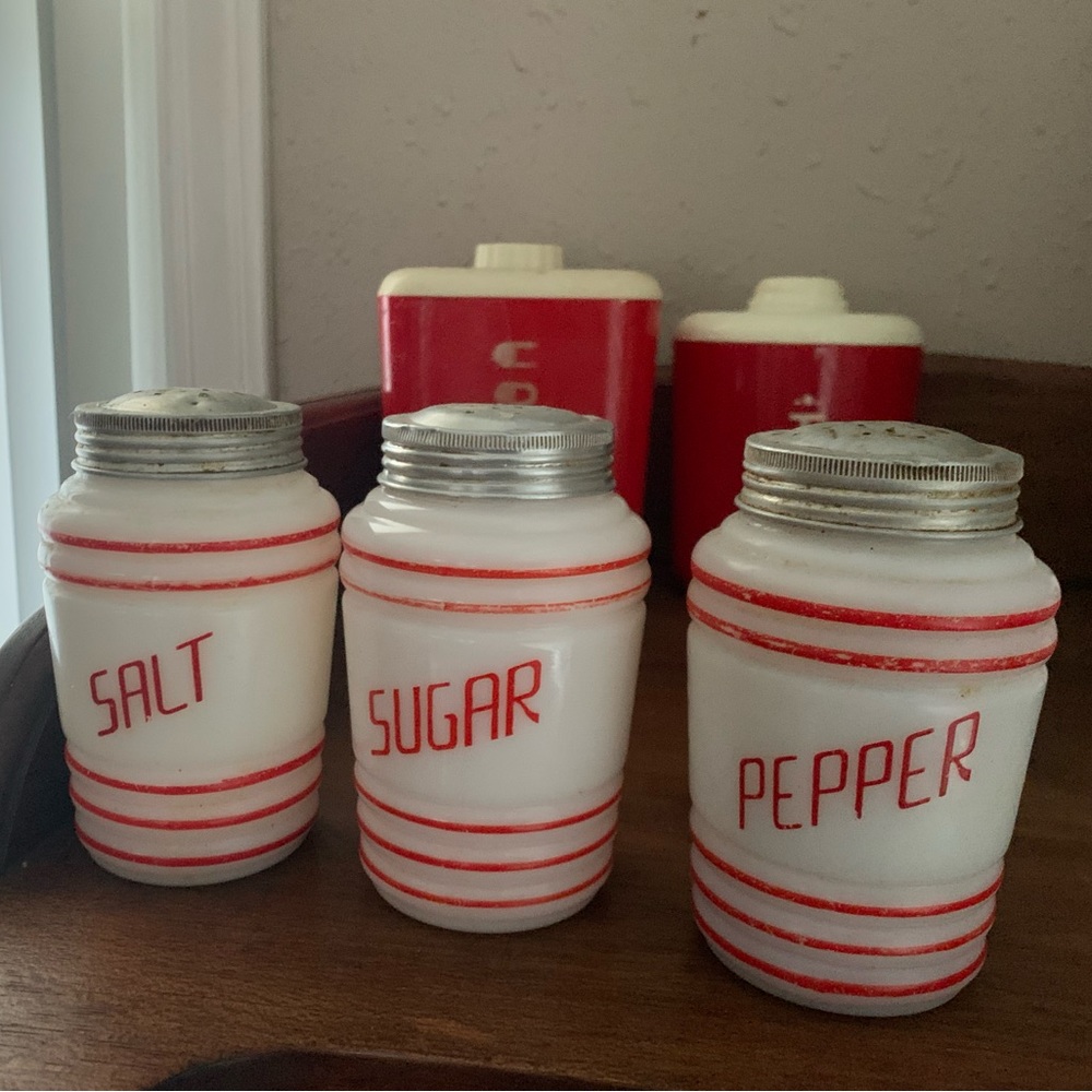 Vintage Hazel Atlas Beehive Shaker set. Milk glass w/red stripes & words.